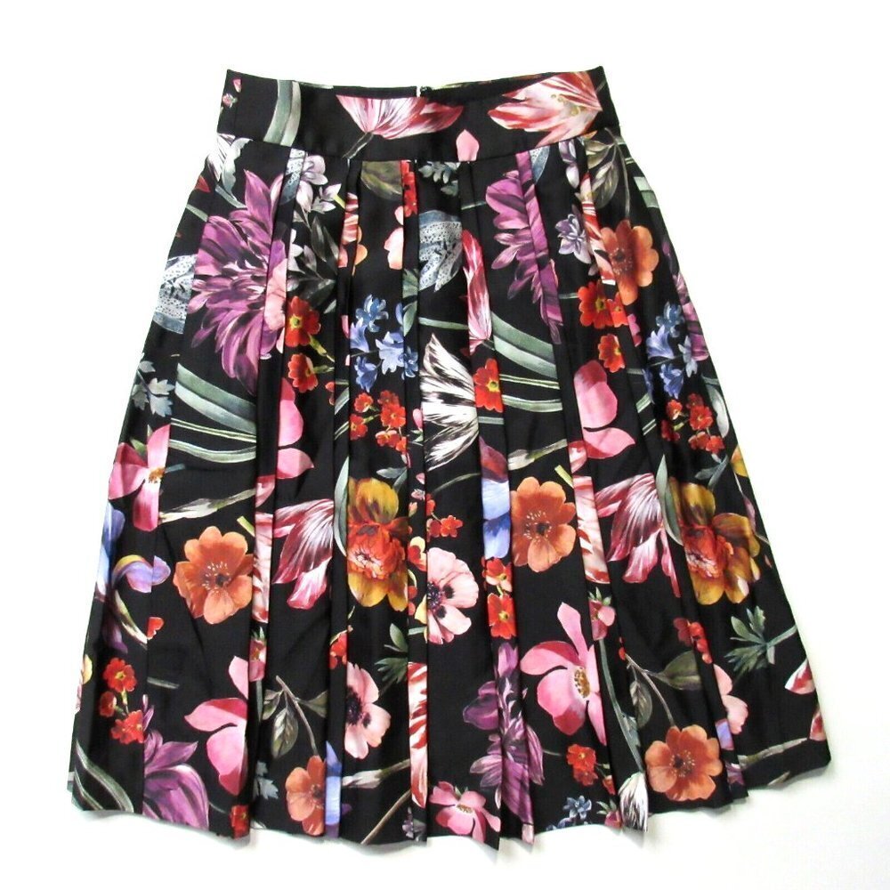 NWT J.Crew Pleated A-Line Midi in Black Midnight Dutch Floral Skirt 2 $128